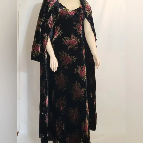 VINTAGE BETSEY JOHNSON VELVET MAXI DRESS AND MATCHING COAT DUSTER SET FL… - Picture 1 of 9